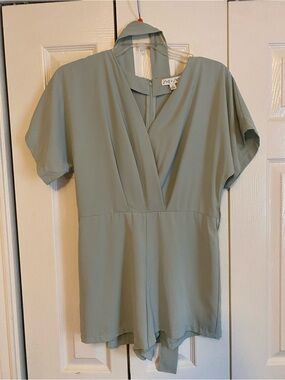 She + Sky Sage Green Short Sleeve V-Neck Romper